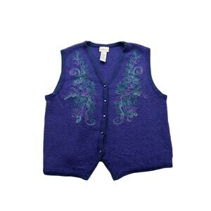 Koret Petites Vintage Woman's S Wool Blend Knit Vest Purple Embroidered C6